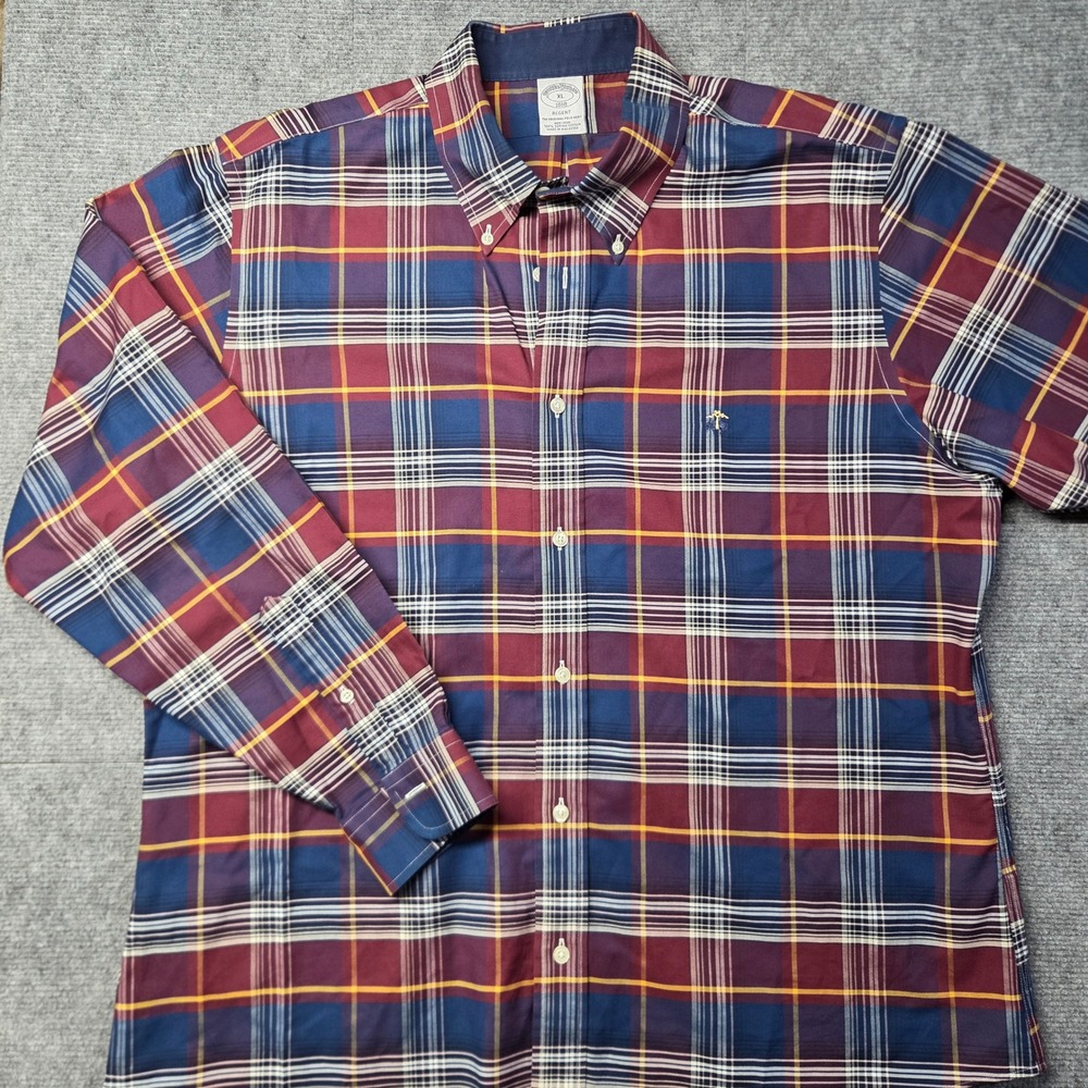 Brooks Brothers 1818 Regent Shirt XL Non-Iron Supima Cotton Plaid Burgundy Navy
